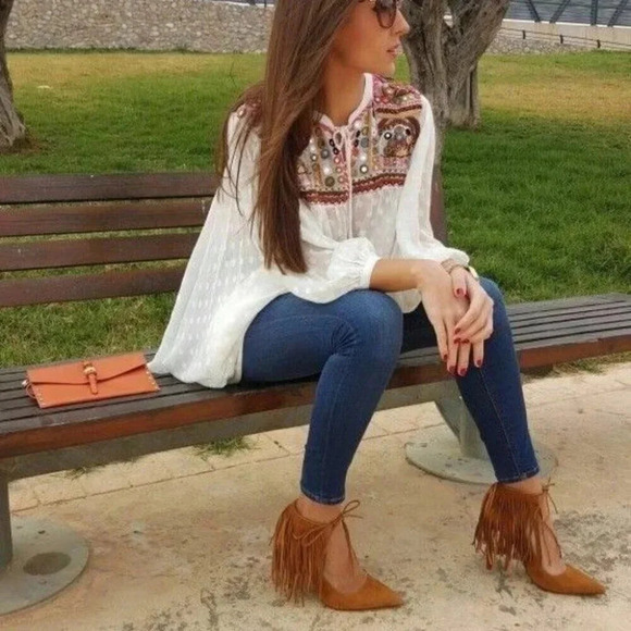 Zara Womens 38 Suede Leather Fringe Cowgirl Heel  Shoes - Picture 1 of 14